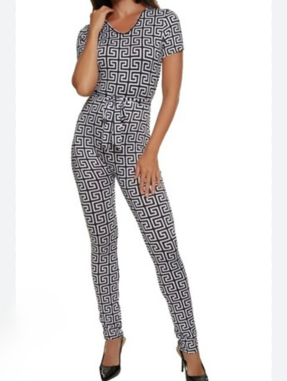 Love83 Pants Jumpsuit Size L Black White Belted Abstract Print AR-0081